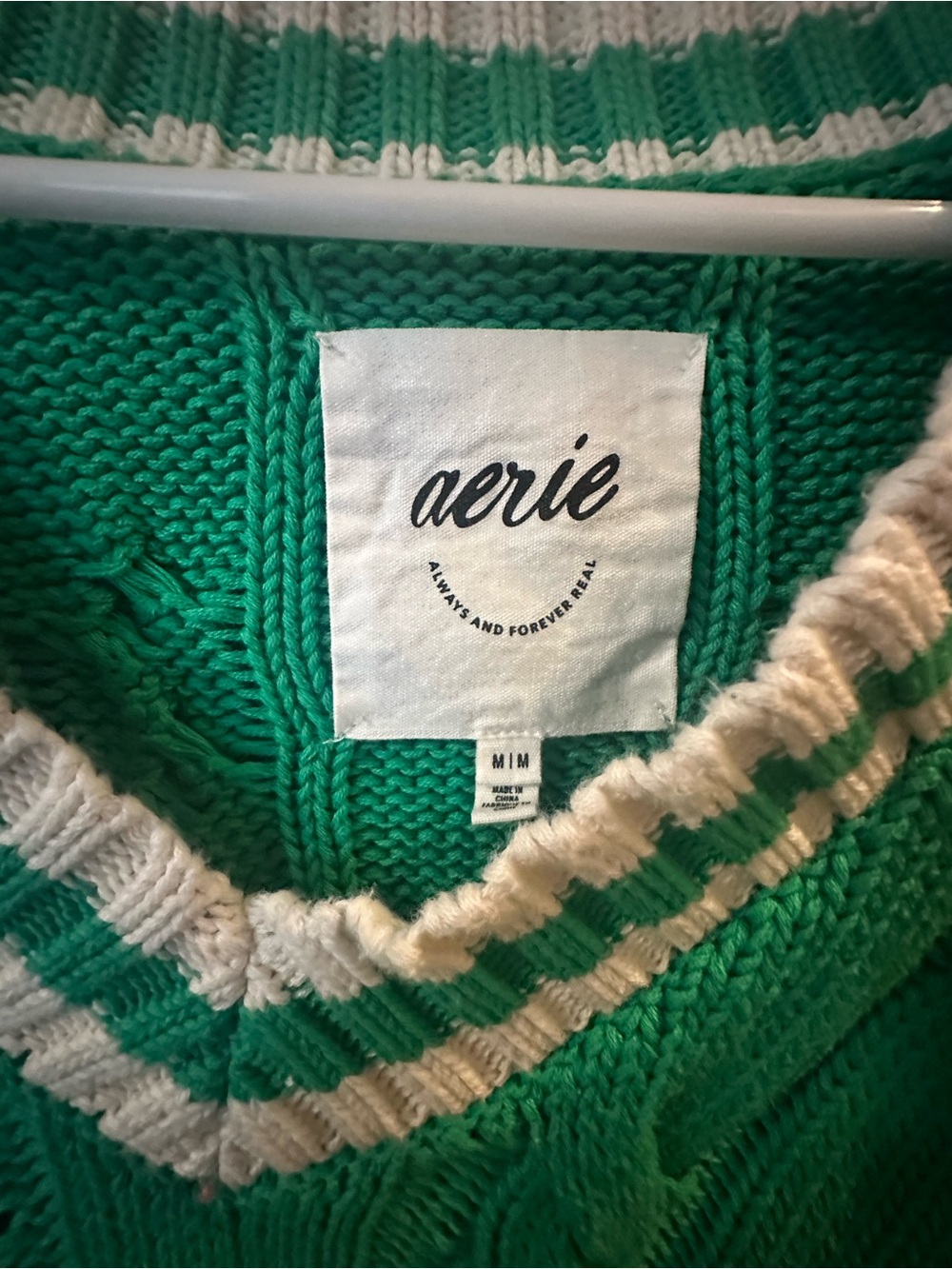 aerie Green V-Neck Cable Knit Sweater with Cream Trim